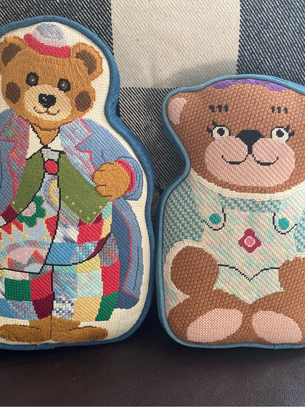 Vintage Needlepoint Teddy Bears Accent Throw Pillows Handmade Cottagecore folk